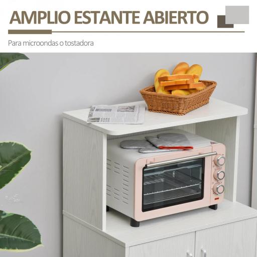 Aparador Auxiliar para Microondas Armario Bajo de Cocina con Armario de 2 Puertas y Estante Ajustable con Ruedas Carga 70 kg 60,4x40,3x97 cm Blanco [4]
