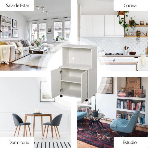 Aparador Auxiliar para Microondas Armario Bajo de Cocina con Armario de 2 Puertas y Estante Ajustable con Ruedas Carga 70 kg 60,4x40,3x97 cm Blanco [5]