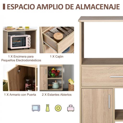 Carro de Cocina para Microondas Aparador de Almacenaje con 4 Ruedas y Frenos Cajón Estantes Abiertos Compartimento con Puerta 60x40x108 cm Roble [2]