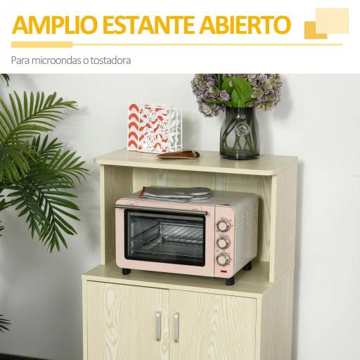 Aparador Auxiliar para Microondas Armario Bajo de Cocina con Armario de 2 Puertas y Estante Ajustable con Ruedas Carga 70 kg 60,4x40,3x97 cm Roble [3]