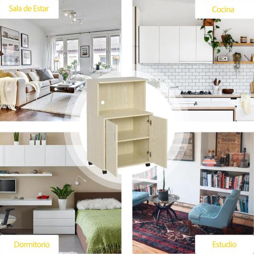 Aparador Auxiliar para Microondas Armario Bajo de Cocina con Armario de 2 Puertas y Estante Ajustable con Ruedas Carga 70 kg 60,4x40,3x97 cm Roble [5]