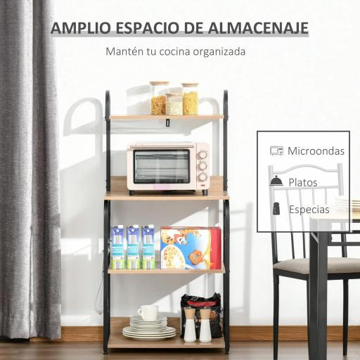 Estantería de Cocina de 4 Niveles con Ganchos Estantería para Microondas 60x40x125 cm Madera Natural [3]
