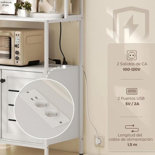 Estantería de Cocina con Toma de Corriente Soporte para Microondas con 2 Puertas 2 Puertos USB y Compartimentos Blanco [4]