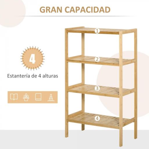 Estantería Librería de Bambú Mueble Organizador Multifuncional de 4 Niveles con Antivuelco 62x33x112 cm Natural [2]