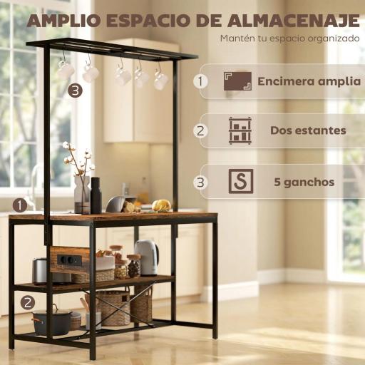 Estantería de Cocina con Puertos USB Tomas de Corriente y Almacenaje con Baldas Ganchos y Encimera Amplia 116x70x182 cm [3]