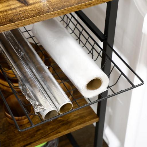 Estantería de Cocina con Toma de Corriente Estantes Ajustables Ganchos y Cesta Metálica 90x40x83 cm Marrón Rústico [6]