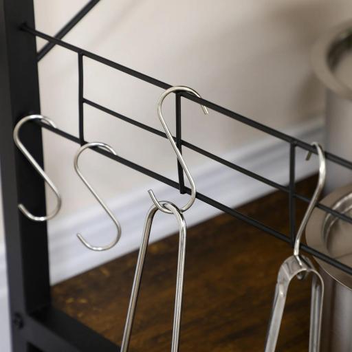 Estantería de Cocina con Toma de Corriente Estantes Ajustables Ganchos y Cesta Metálica 90x40x83 cm Marrón Rústico [7]