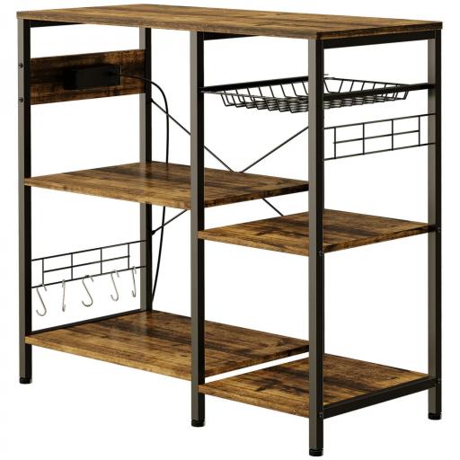 Estantería de Cocina con Toma de Corriente Estantes Ajustables Ganchos y Cesta Metálica 90x40x83 cm Marrón Rústico [8]