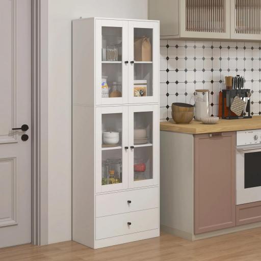Alacena de Cocina Alta con 4 Puertas de Vidrio 2 Cajones Estantes Ajustables 59x30x170 cm Blanco