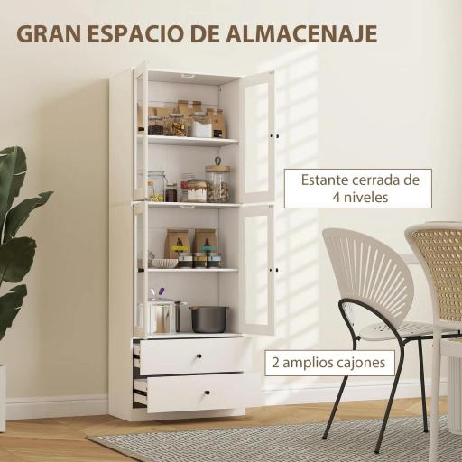 Alacena de Cocina Alta con 4 Puertas de Vidrio 2 Cajones Estantes Ajustables 59x30x170 cm Blanco [2]