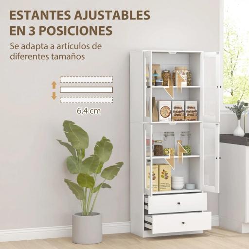 Alacena de Cocina Alta con 4 Puertas de Vidrio 2 Cajones Estantes Ajustables 59x30x170 cm Blanco [3]