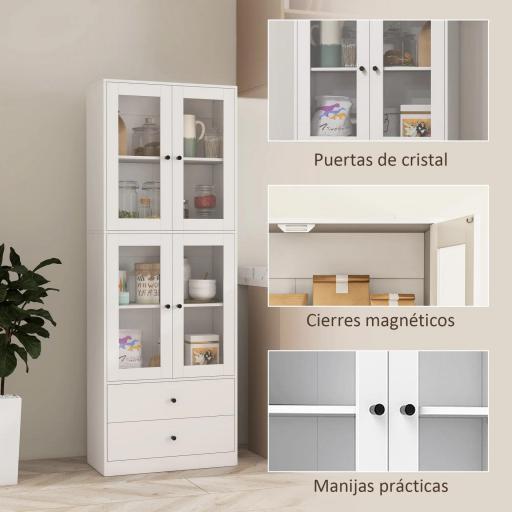 Alacena de Cocina Alta con 4 Puertas de Vidrio 2 Cajones Estantes Ajustables 59x30x170 cm Blanco [7]