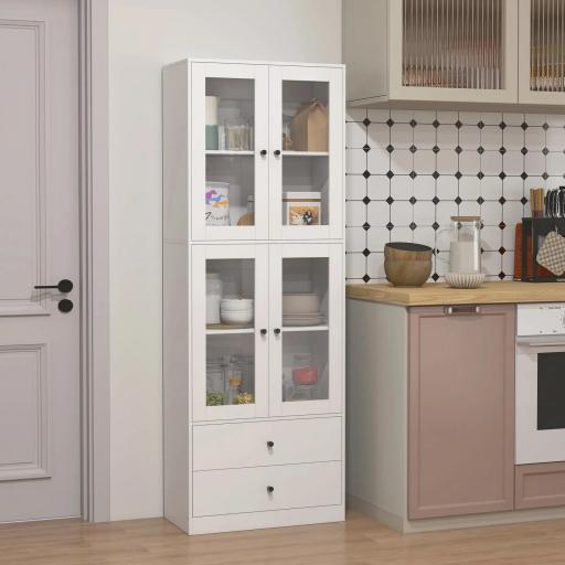 Alacena de Cocina Alta con 4 Puertas de Vidrio 2 Cajones Estantes Ajustables 59x30x170 cm Blanco [6]