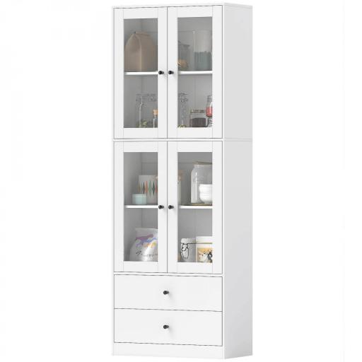 Alacena de Cocina Alta con 4 Puertas de Vidrio 2 Cajones Estantes Ajustables 59x30x170 cm Blanco [10]