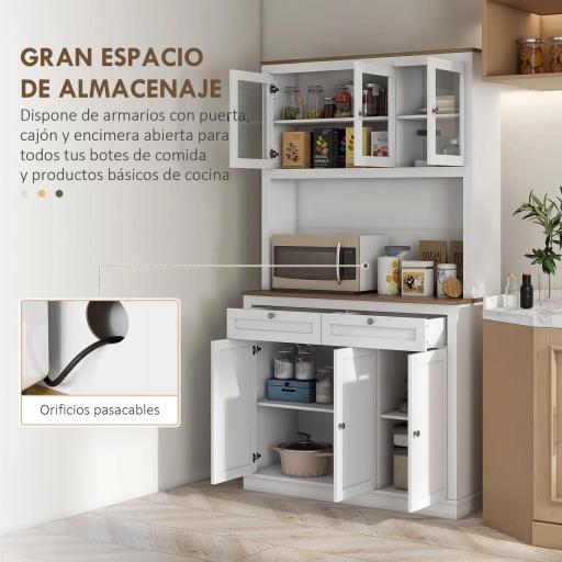 Armario de Cocina con 3 Puertas de Vidrio Compartimento Abierto 2 Cajones y Estantes Ajustables 100x40x180 cm Blanco [2]