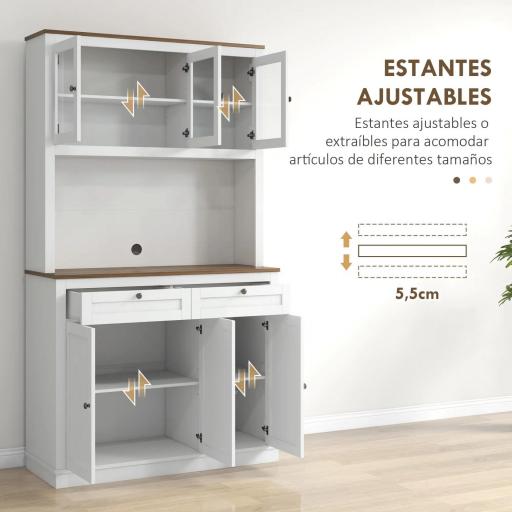 Armario de Cocina con 3 Puertas de Vidrio Compartimento Abierto 2 Cajones y Estantes Ajustables 100x40x180 cm Blanco [4]