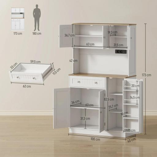 Alacena de Cocina con Estación de Carga 6 Puertas 1 Cajón Estantes Ajustables Encimera Amplio 100x40x173 cm Blanco [1]