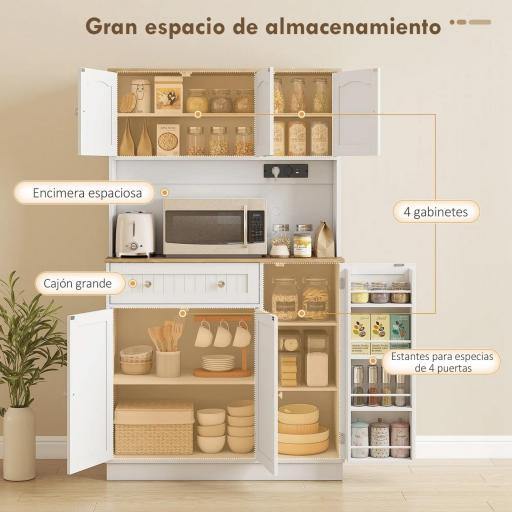 Alacena de Cocina con Estación de Carga 6 Puertas 1 Cajón Estantes Ajustables Encimera Amplio 100x40x173 cm Blanco [2]