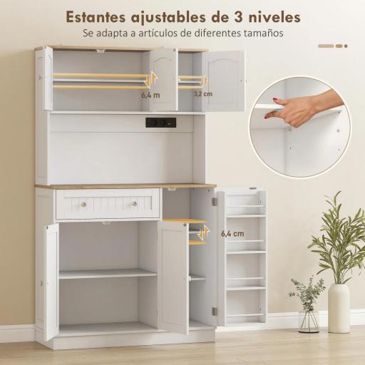Alacena de Cocina con Estación de Carga 6 Puertas 1 Cajón Estantes Ajustables Encimera Amplio 100x40x173 cm Blanco [3]