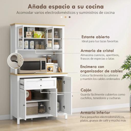 Alacena de Cocina Mueble Auxiliar de Cocina con 5 Puertas Estante Ajustable y Encimera de Microondas 100x40x180cm Blanco [4]
