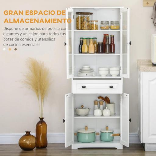 Alacena de Cocina con 2 Puertas de Vidrio 2 Estantes Ajustables y Cajón para Salón Comedor 60x30x160 cm Blanco [2]