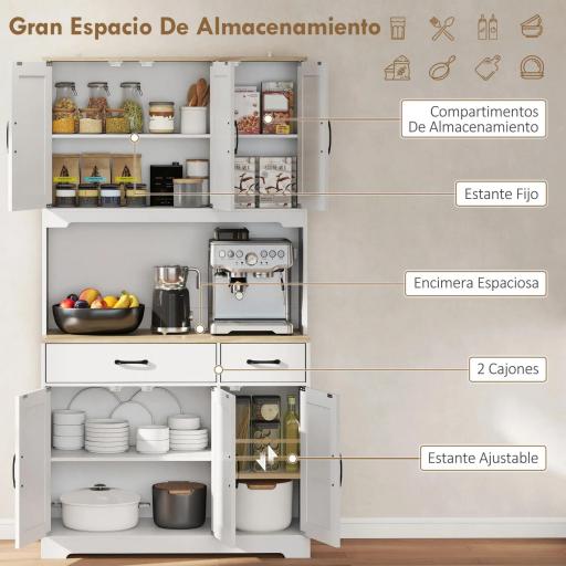Alacena de Cocina con 6 Puertas Encimera para Microondas 2 Cajones Estantes Ajustables Orificio para Cable Blanco [2]
