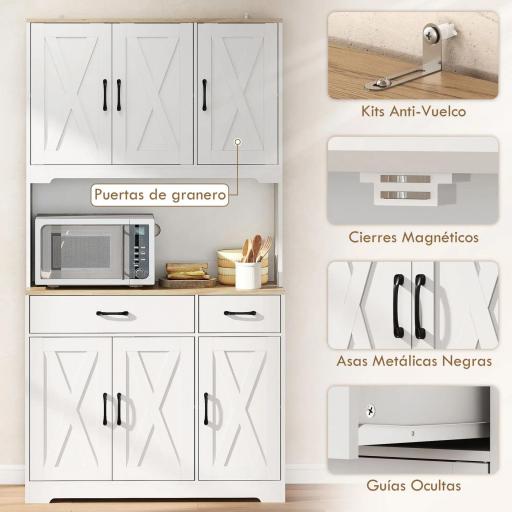 Alacena de Cocina con 6 Puertas Encimera para Microondas 2 Cajones Estantes Ajustables Orificio para Cable Blanco [4]