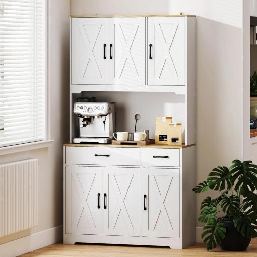 Alacena de Cocina con 6 Puertas Encimera para Microondas 2 Cajones Estantes Ajustables Orificio para Cable Blanco [6]