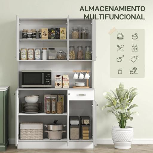 Alacena de Cocina Aparador de Comedor con 1 Cajón 6 Puertas y Estantes Ajustable Estilo Moderno 101x39x180 cm Blanco [2]