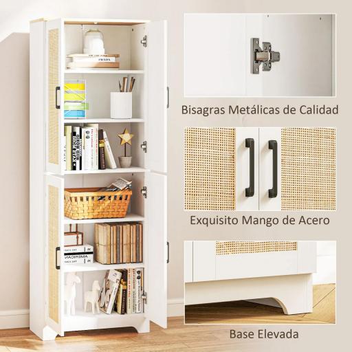 Alacena de Cocina con Estantes Ajustables Puertas de Ratán y Sistema Anti-vuelco 60x30x170 cm Blanco [6]