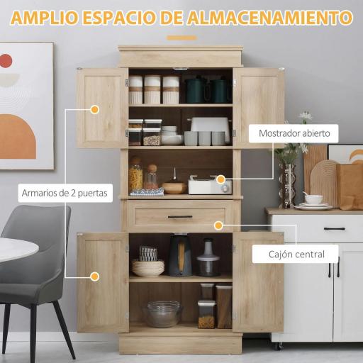Alacena de Cocina con 4 Puertas 1 Cajón y Estante Abierto Mueble Auxiliar para Microondas 74x39,5x183 cm Roble [2]