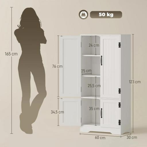 Alacena de Cocina Aparador Alto de Cocina Mueble Auxiliar con 4 Puertas y Estantes Ajustables 60x30x123 cm Blanco [1]