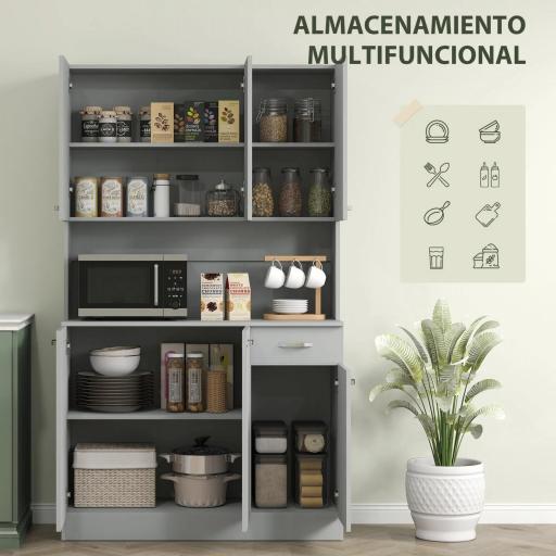 Alacena de Cocina Aparador de Comedor con 1 Cajón 6 Puertas y Estantes Ajustable Estilo Moderno 101x39x180 cm Gris [4]