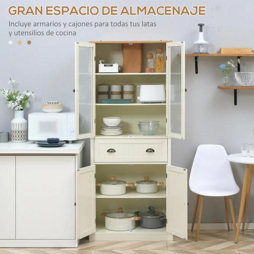 Alacena de Cocina Aparador Alto de Comedor con Vitrina Cajón y Armario con Puertas 76x40x182,5 cm Crema [3]