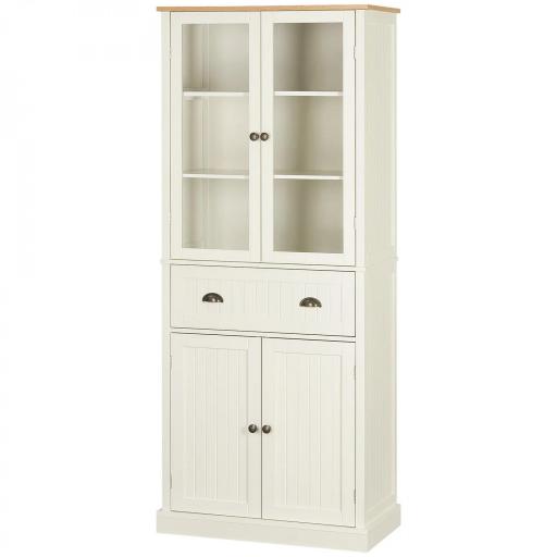 Alacena de Cocina Aparador Alto de Comedor con Vitrina Cajón y Armario con Puertas 76x40x182,5 cm Crema [9]