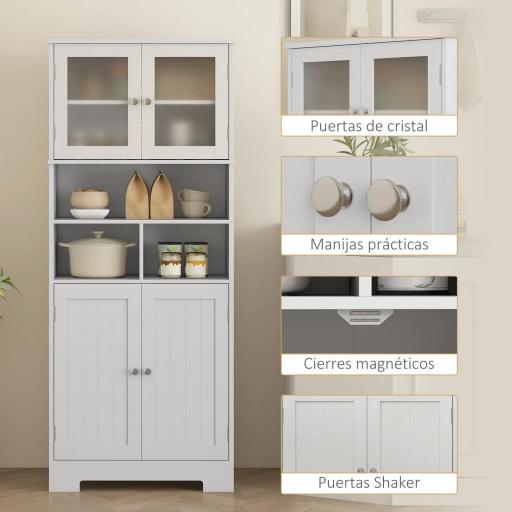 Alacena Alta con Armarios y Estantes Abiertos Puertas de Cristal Estantes Ajustables y Sistema Antivuelco 60x30x145,5 cm [5]