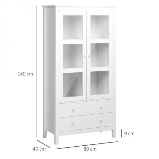 Vitrina de Salón Aparador de Cocina con 2 Puertas de Vidrio 3 Estantes 2 Cajones para Comedor Oficina 80x40x160cm Blanco [1]