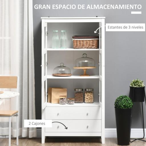 Vitrina de Salón Aparador de Cocina con 2 Puertas de Vidrio 3 Estantes 2 Cajones para Comedor Oficina 80x40x160cm Blanco [2]