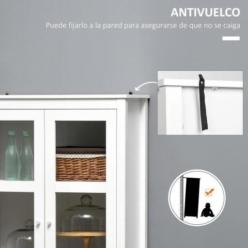 Vitrina de Salón Aparador de Cocina con 2 Puertas de Vidrio 3 Estantes 2 Cajones para Comedor Oficina 80x40x160cm Blanco [4]