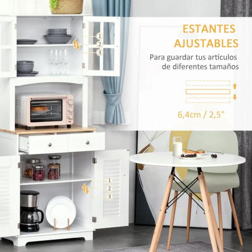 Armario de Cocina Aparador de Comedor con 2 Cajones Estantes Ajustables y Antivuelco 68x39,5x170 cm Blanco [3]