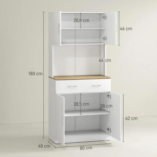 Armario Alacena de Cocina con Cajón 4 Puertas y Estantes Interiores Ajustables Mueble de Almacenaje 80x40x180 cm Blanco [1]