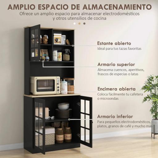 Alacena de Cocina con Estantes y Puertas de Vidrio para Pequeños Electrodomésticos 80x37x183 cm Negro [3]