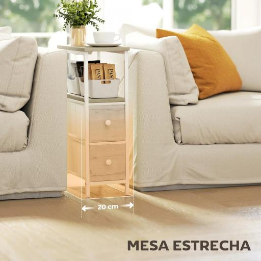 Juego de 2 Mesitas Auxiliares Estrechas con Enchufe Toma AC Puerto USB Puerto USB-C 2 Cajones de Tela Natural [5]