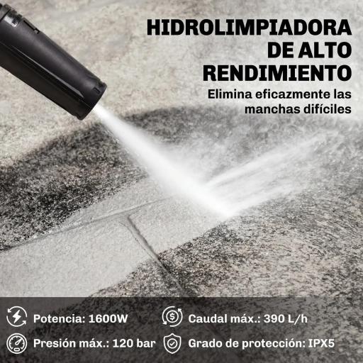 Hidrolimpiadora de Alta Presión 1600W 120 Bar con Bomba Boquilla Ajustable y Parada Automática 29,5x22x60 cm Amarillo [2]