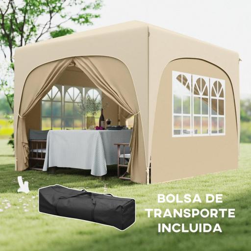 Cenador Plegable 3x3 m Gazabo con Paneles Laterales UPF50+ Altura Ajustable y Bolsa de Transporte Arena [2]