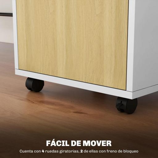 Cajonera de Oficina Móvil con Cajón y Armario con Ruedas Soporte de Impresora para Estudio 40x35x60 cm Blanco y Natural [5]
