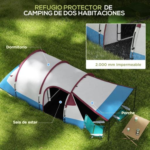 Tienda de Campaña para 3 Personas con 2 Habitaciones y Bolsa de Transporte Impermeable 420x200x150 cm Multicolor [2]