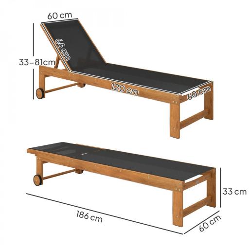 Tumbona de Jardín con Respaldo Ajustable Ruedas Integradas y Estructura de Madera de Acacia Capacidad de 160 kg Negro [1]