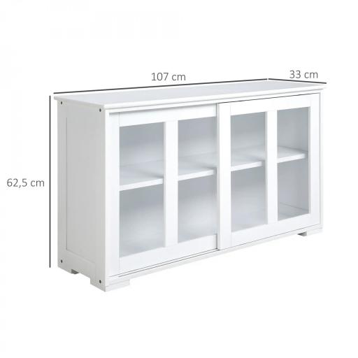 Aparador de Cocina Moderno Mueble Auxiliar con 2 Puertas Corredizas de Vidrio y Estante Ajustable 107x33x62,5 cm Blanco [1]