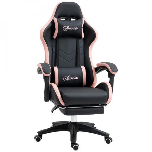 Silla Gaming Silla Gamer de Cuero PU Reclinable 135° Reposacabezas y Reposapiés 65x65x121-129 cm Negro y Rosa [9]